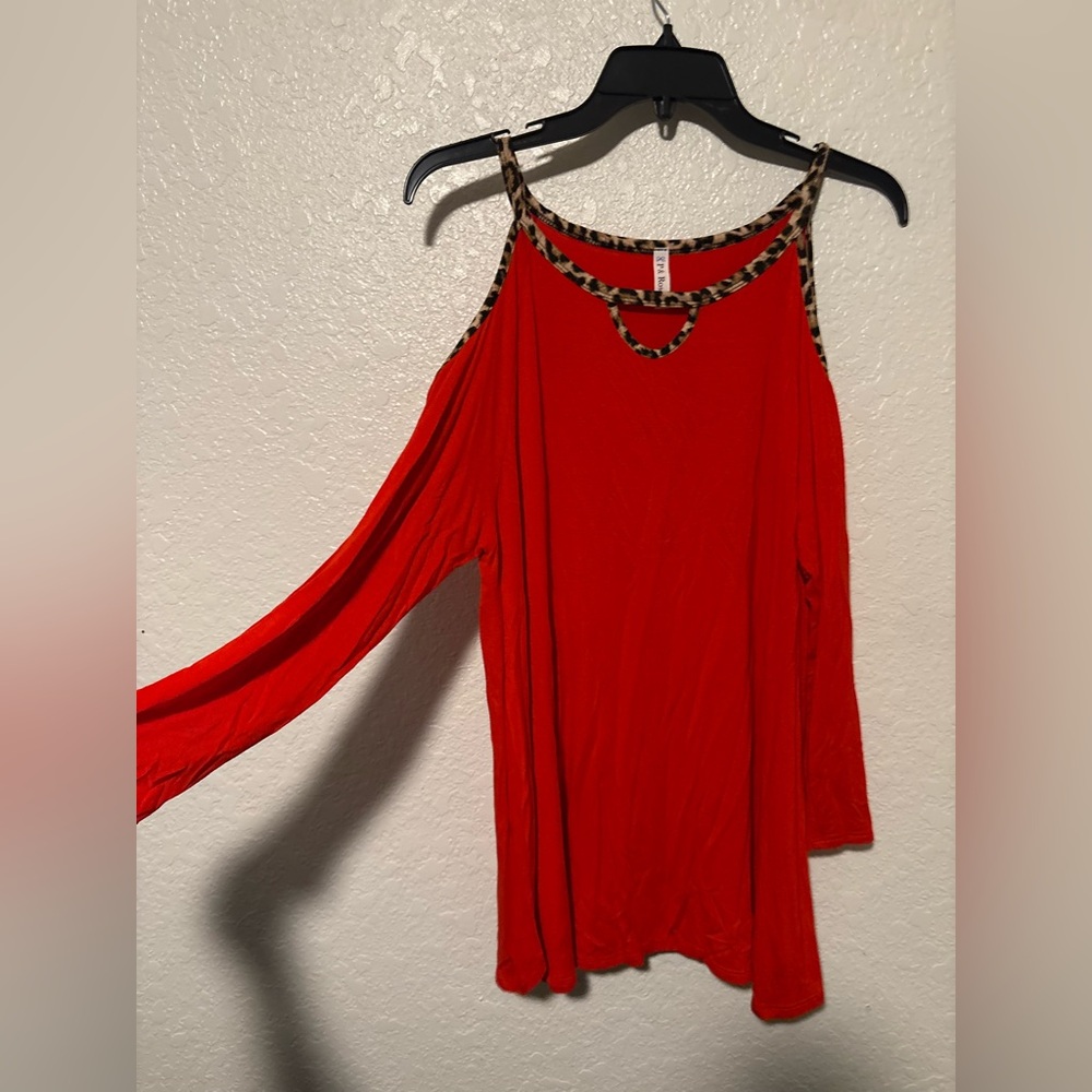 Red Cold-Shoulder Tunic with Leopard-Trim Straps